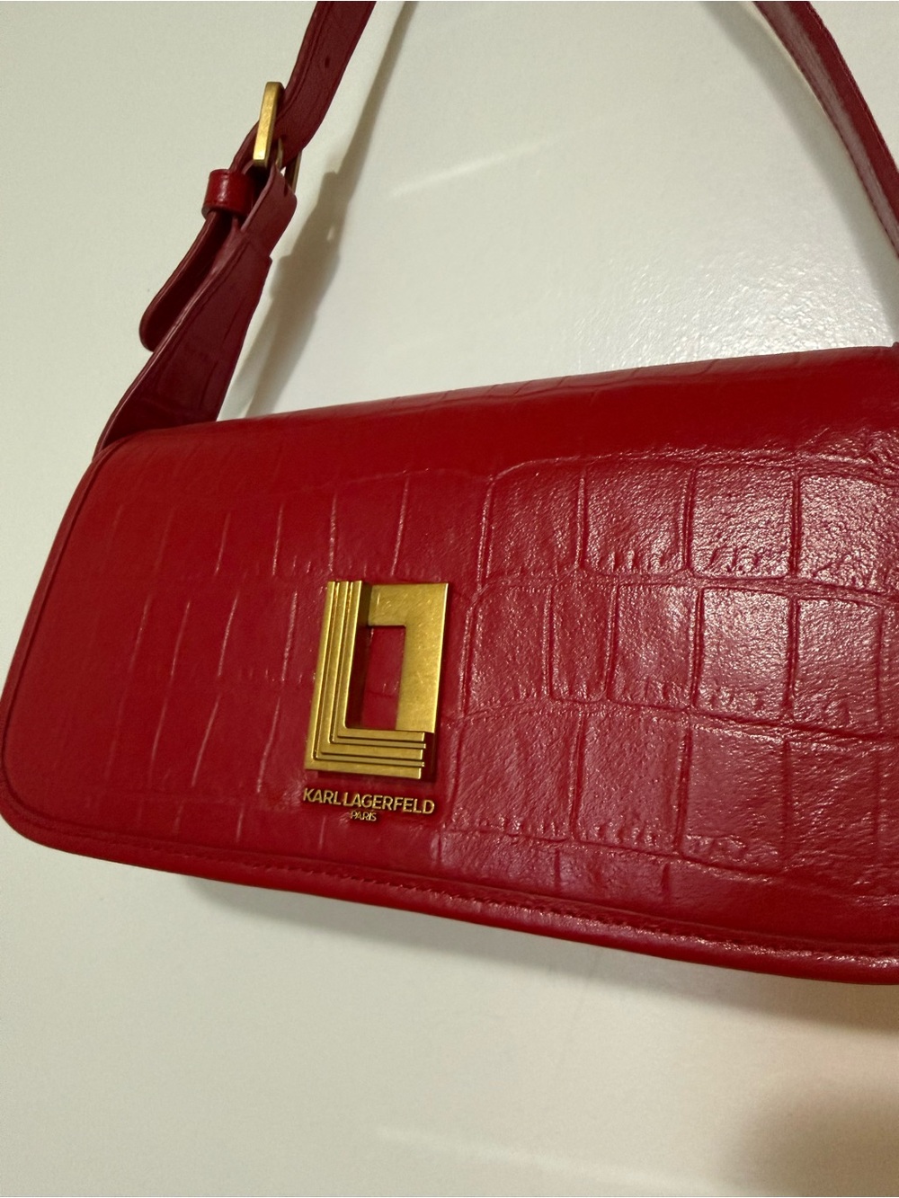 Karl Lagerfeld Red Croc-Embossed Shoulder Bag with Gold Accent - Picture 2 of 7